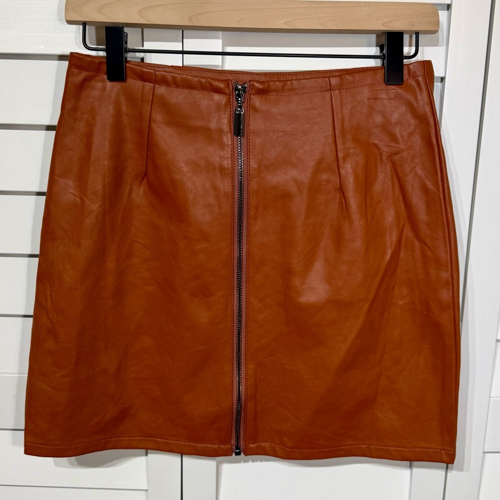 HYFVE Faux Leather Mini Skirt Brown Front Zip High Waist‎ Size S